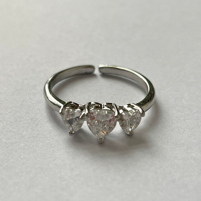 Three Heart Diamond Silver Ring