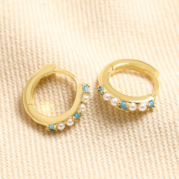 Blue Stone & Pearl Hoop Gold Earrings