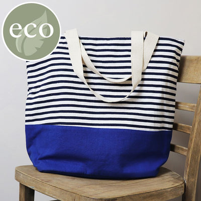 Navy & White Stripe Cobalt Blue Cotton Tote Bag