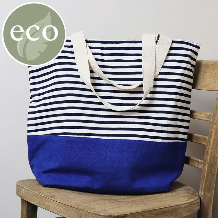 Navy White Stripe Cobalt Blue Cotton Tote Bag Just Love Studio UK