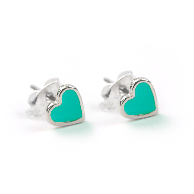 Silver Teal Enamel Heart Earrings