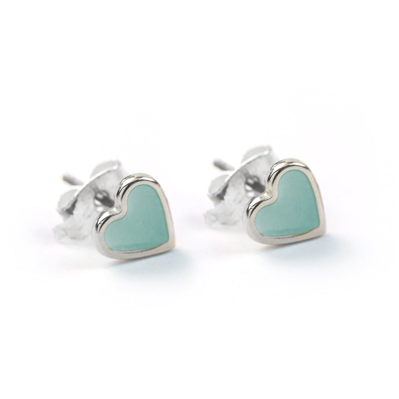 Silver Aqua Enamel Heart Earrings