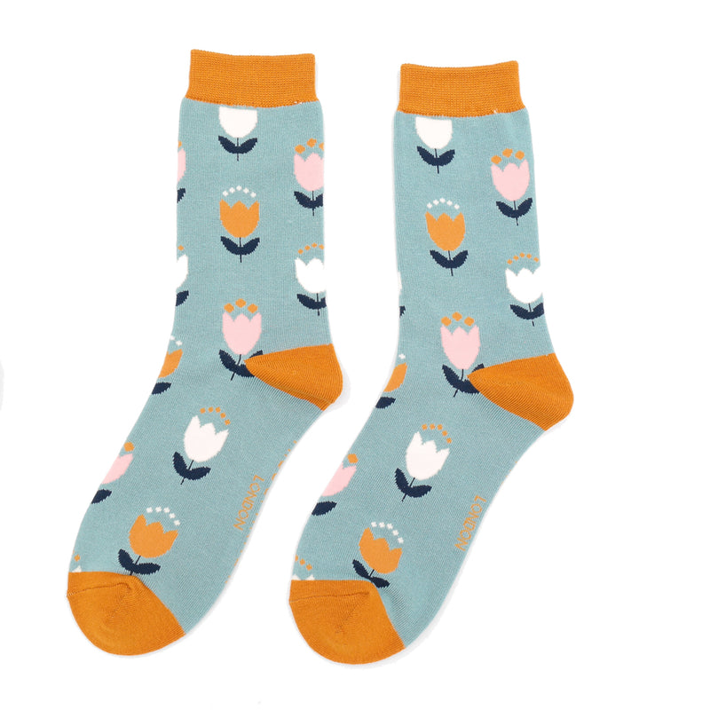 Tulips Duck Egg Bamboo Socks