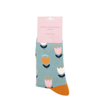 Tulips Duck Egg Bamboo Socks