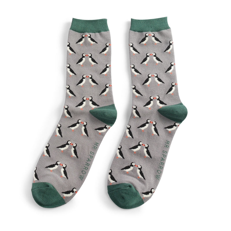 Kissing Puffins Grey Bamboo Socks