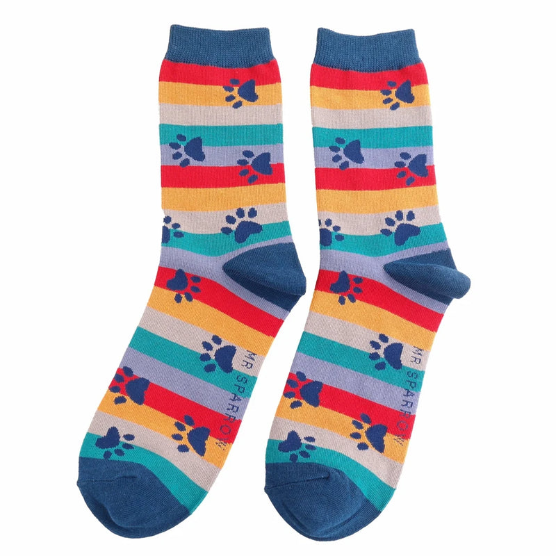 Paw Print & Stripes Navy Bamboo Socks