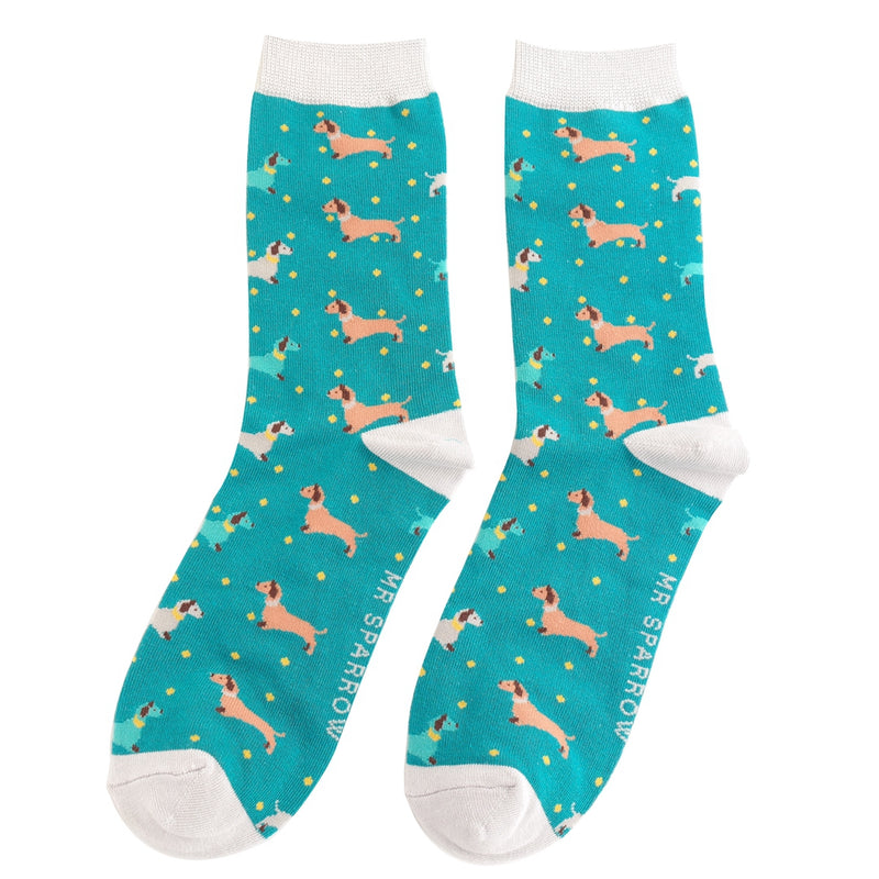 Sausage Dogs & Spots Teal Bamboo Socks