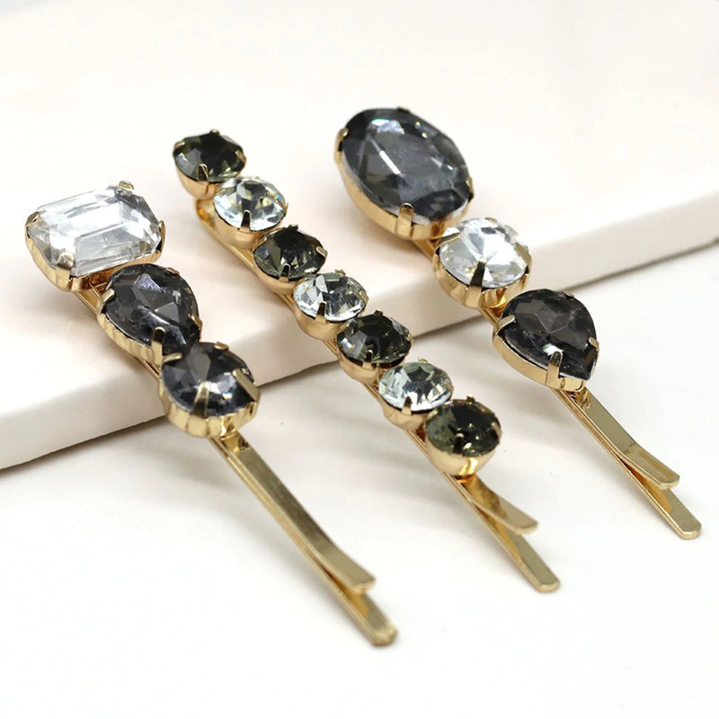 Grey Glass Crystal Trio Hair Grip Set