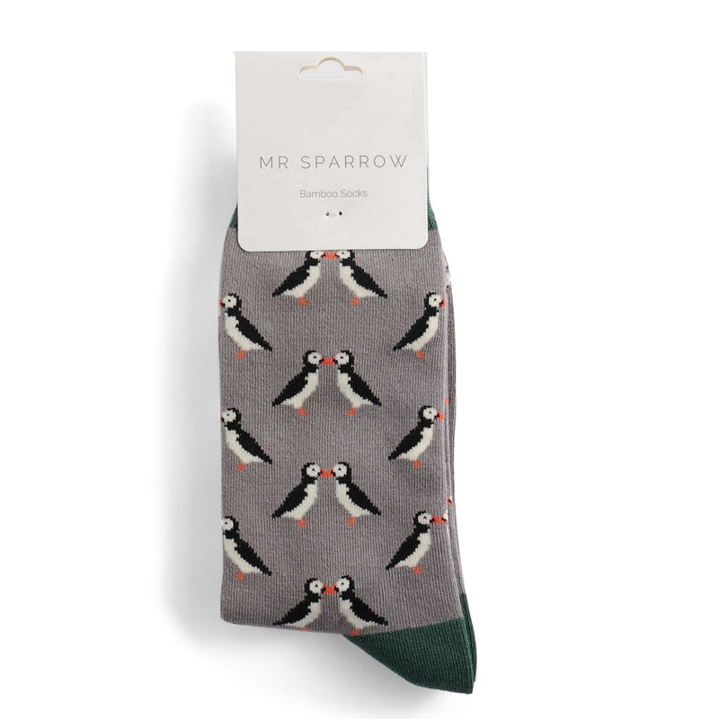 Kissing Puffins Grey Bamboo Socks