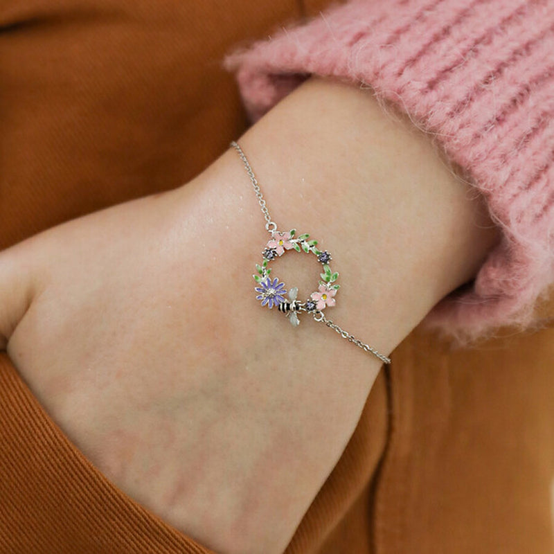 Crystal Flower & Bee Bracelet in Silver