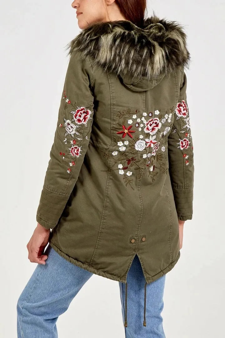 Khaki Faux Fur Lined Embroidery Parka Coat