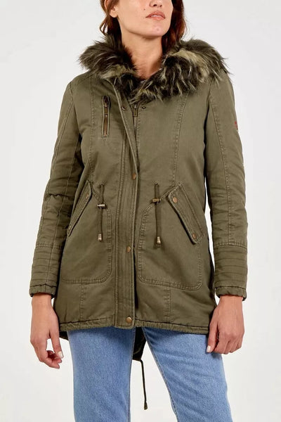 Khaki Faux Fur Lined Embroidery Parka Coat