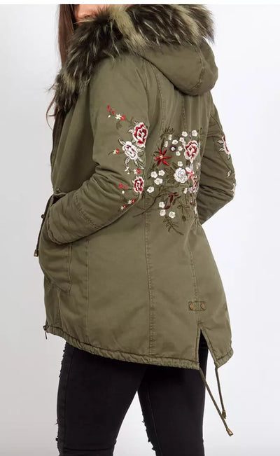 Khaki Faux Fur Lined Embroidery Parka Coat