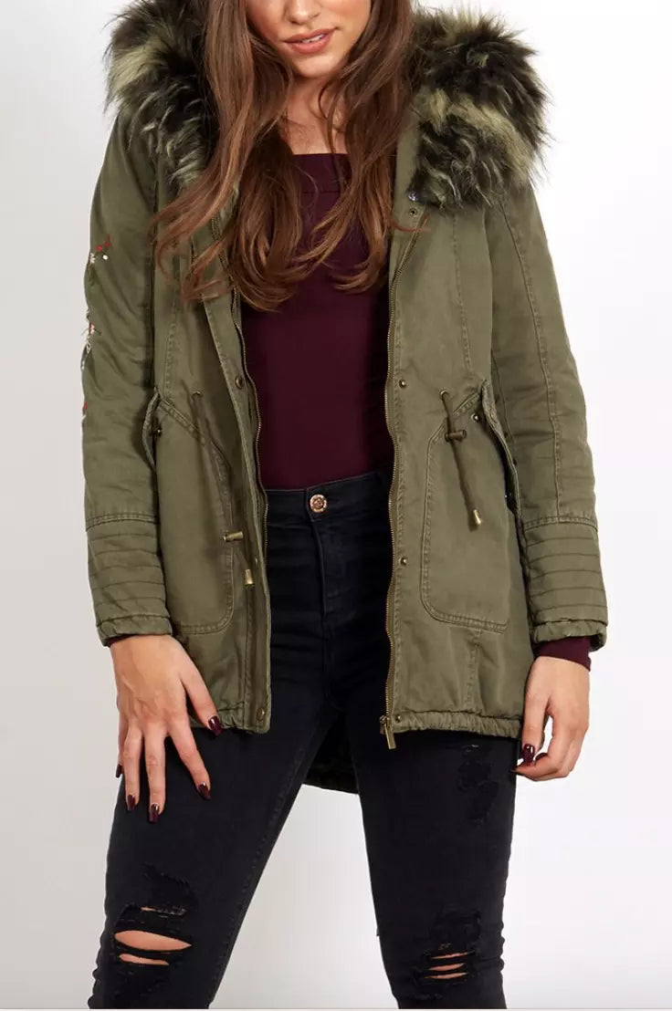 Khaki Faux Fur Lined Embroidery Parka Coat