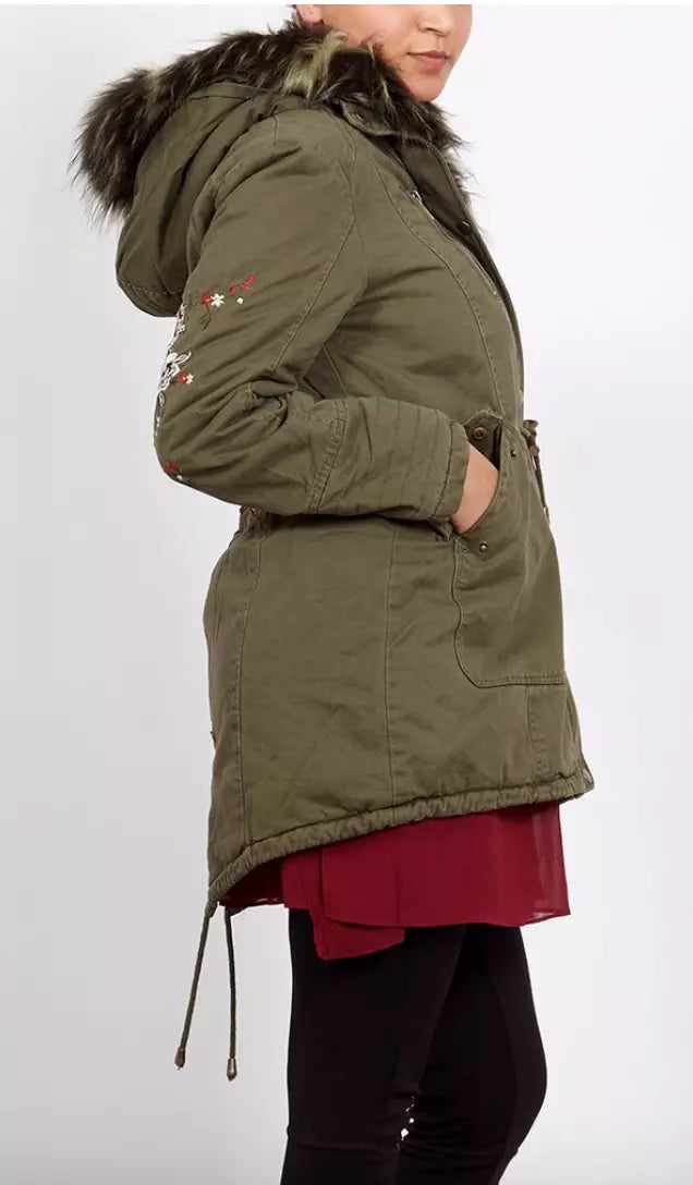 Khaki Faux Fur Lined Embroidery Parka Coat