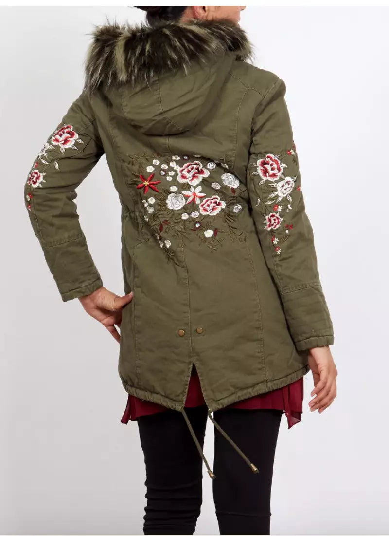 Khaki Faux Fur Lined Embroidery Parka Coat