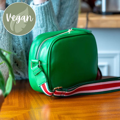 Green Vegan Leather Striped Strap Camera Bag