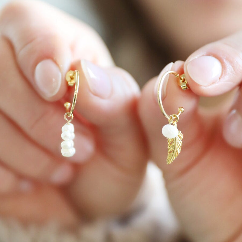 Mismatched Feather and Pearl Hoop Earrings in Gold