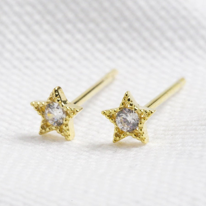 Tiny Gold Sterling Silver Crystal Star Stud Earrings