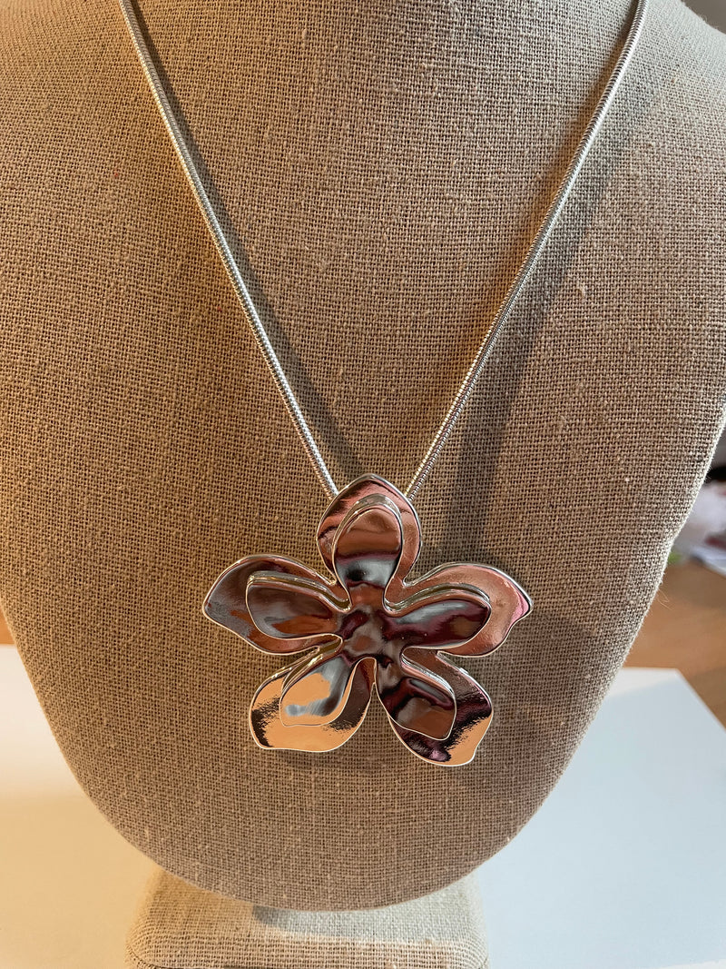 Silver Flower Long Necklace