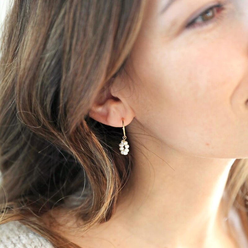 Mismatched Feather and Pearl Hoop Earrings in Gold