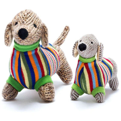 Small Knitted Sausage Dog Rattle In Bold Stripe Jumper